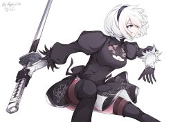 Rule 34 | 1girl, absurdres, akawoud, black dress, black hairband, blue eyes, boots, cleavage cutout, clothing cutout, dress, feather-trimmed sleeves, fighting stance, hairband, high heel boots, high heels, highres, holding, holding sword, holding weapon, juliet sleeves, long sleeves, nier (series), nier:automata, no blindfold, pink lips, puffy sleeves, reverse grip, signature, silver hair, solo, sword, thigh boots, thighhighs, thighhighs under boots, thighs, two-sided fabric, two-sided skirt, weapon, 2b (nier:automata)