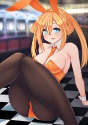 Rule 34 | 1girl, absurdres, alternate costume, animal ears, bare shoulders, blue eyes, blush, breasts, checkered floor, commentary request, detached collar, dura, fake animal ears, highres, knees together feet apart, knees up, leotard, long hair, looking at viewer, medium breasts, necktie, neptune (series), open mouth, orange hair, orange heart (neptunia), orange leotard, orange necktie, pantyhose, playboy bunny, power symbol, power symbol-shaped pupils, rabbit ears, shin jigen game neptune vii, solo, symbol-shaped pupils, twintails, wrist cuffs