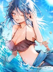 Rule 34 | 2girls, air bubble, arms up, ball, bare shoulders, beachball, bikini, blush, breasts, bubble, character request, cleavage, closed eyes, cloud, collarbone, cowboy shot, frilled bikini, frills, hair between eyes, hand up, highres, long hair, looking at viewer, masi masio, medium breasts, messy hair, midriff, multiple girls, one eye closed, open mouth, outdoors, partially submerged, project sekai, sidelocks, sky, sleeveless, smile, sunlight, swimsuit, thighs, water