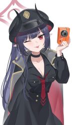 1girl absurdres black_coat black_horns blue_archive breasts camera chiaki_(blue_archive) cleavage coat coat_on_shoulders demon_horns digital_camera ggoong_(pooplambgoong22) halo hat highres holding holding_camera horns multiple_horns necktie peaked_cap red_halo red_necktie solo