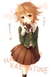 Rule 34 | 10s, 1boy, :o, androgynous, brown eyes, brown hair, brown skirt, candy, chocolate, chocolate heart, crossdressing, danganronpa: trigger happy havoc, danganronpa (series), food, fujisaki chihiro, happy valentine, heart, highres, holding, looking at viewer, male focus, parted lips, pleated skirt, short hair, simple background, skirt, solo, toosaka asagi, trap, valentine, white background