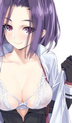 Rule 34 | 10s, 1girl, :3, black gloves, blush, bra, breasts, cleavage, gloves, kantai collection, lace, lace-trimmed bra, lace bra, lace trim, looking at viewer, medium breasts, open clothes, open shirt, parted bangs, purple eyes, purple hair, shirt, smile, solo, tatsuta (kancolle), underwear, white bra, yahako