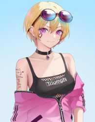 Rule 34 | 1girl, amco, bare shoulders, black choker, blonde hair, blue background, breasts, choker, cleavage, closed mouth, clothes writing, collarbone, earclip, earrings, eyewear on head, facepaint, gradient background, highres, idolmaster, idolmaster shiny colors, jacket, jewelry, long sleeves, looking at viewer, medium breasts, open clothes, open jacket, partially unzipped, pendant, pink jacket, purple eyes, saijo juri, short hair, shoulder tattoo, smile, solo, sports bra, sunglasses, tattoo, upper body, v-shaped eyebrows, zipper pull tab