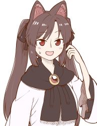 Rule 34 | 1girl, :d, alternate hairstyle, animal ear fluff, animal ears, black bow, bow, brooch, brown hair, commentary request, dress, frilled shirt collar, frills, hair bow, hand up, imaizumi kagerou, jewelry, long hair, looking at viewer, open mouth, poronegi, red eyes, sidelocks, simple background, smile, solo, sweat, touhou, twintails, upper body, white background, white dress, wolf ears