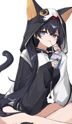Rule 34 | 1girl, absurdres, animal ears, animal hood, arknights, black hair, blaze (arknights), blue eyes, cat ears, cat girl, cat hood, cat tail, closed mouth, drawstring, drinking, extra ears, feet out of frame, hairband, highres, hood, hood up, hoodie, long hair, long sleeves, milk carton, no pants, official alternate costume, red hairband, shiro wa (shiroshironix), simple background, sitting, smile, solo, tail, white background