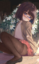 Rule 34 | 1girl, black-framed eyewear, black footwear, blue eyes, blush, brown hair, brown jacket, brown pantyhose, closed mouth, clothes lift, commentary request, flower, glasses, highres, jacket, long sleeves, looking at viewer, mimikaki (men bow), open clothes, open jacket, original, pantyhose, people, red skirt, shirt, shoes, short hair, skirt, skirt lift, sleeves past wrists, smile, solo focus, thighband pantyhose, white flower, white shirt
