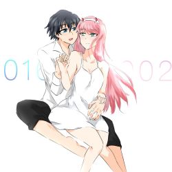 Rule 34 | 10s, 1boy, 1girl, bad id, bad pixiv id, barefoot, black hair, blue eyes, couple, darling in the franxx, dress, green eyes, holding hands, hiro (darling in the franxx), horns, hug, hug from behind, long hair, looking at another, looking back, onoda ns, pink hair, shirt, short hair, sitting, white dress, white shirt, zero two (darling in the franxx)