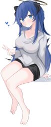Rule 34 | 1girl, absurdres, arknights, barefoot, black hair, black horns, black shorts, blue eyes, blue hair, blush, breasts, closed mouth, commentary request, grey shirt, halo, heart, highres, horns, incredibly absurdres, legs, long hair, long sleeves, looking at viewer, medium breasts, mostima (arknights), nui (nuinui0300), shirt, shorts, simple background, sitting, smile, solo, thighs, toes, v, white background