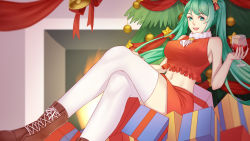 Rule 34 | ang (6107939), aqua eyes, aqua hair, bell, boots, breasts, christmas, christmas ornaments, christmas tree, cross-laced footwear, crossed legs, cup, drinking glass, fireplace, gift, hatsune miku, highres, lace-up boots, large breasts, long hair, midriff, nail polish, navel, smile, thighhighs, thighs, twintails, vocaloid, white legwear, wine glass
