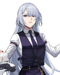 Rule 34 | 1girl, ak-15 (girls&#039; frontline), blouse, cake, closed mouth, collared shirt, female focus, food, girls&#039; frontline, gun, hair between eyes, holding, long hair, looking at viewer, necktie, purple eyes, purple necktie, purple vest, shirt, silayloe, silver hair, simple background, solo, standing, tagme, upper body, very long hair, vest, watch, weapon, white background, white shirt