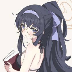 Rule 34 | 1girl, absurdres, bikini, black bikini, black hair, blue archive, blue eyes, blush, book, brown hair, closed mouth, commentary request, glasses, hairband, halterneck, highres, holding, holding book, huajiao, long hair, looking at viewer, looking back, official alternate costume, ponytail, purple hairband, round eyewear, simple background, solo, sweatdrop, swimsuit, ui (blue archive), ui (swimsuit) (blue archive), upper body, white background
