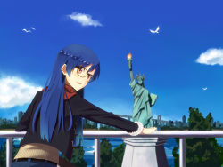 Rule 34 | 1girl, ancient greek clothes, arm support, belt, bespectacled, bird, blue hair, brown eyes, brown hair, chiton, cloud, day, denim, fur trim, glasses, idolmaster, idolmaster (classic), jacket, jeans, kisaragi chihaya, long hair, looking back, minato (tokyo), open mouth, pants, railing, skyline, solo, statue of liberty, teru (grafroller), tokyo (city), tree, water