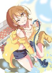 Rule 34 | 10s, 1girl, ;q, aloe (kenkou3733), bare shoulders, boots, brown eyes, brown hair, character name, copyright name, denim, denim shorts, gradient background, highres, hose, isshiki iroha, off shoulder, one eye closed, rubber boots, shorts, smile, solo, tank top, tongue, tongue out, water, wet, wet clothes, yahari ore no seishun lovecome wa machigatteiru., yellow footwear