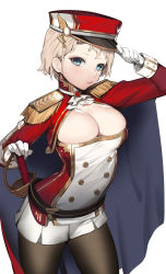 Rule 34 | 1girl, absurdres, bad id, bad pixiv id, belt, black belt, black pantyhose, blonde hair, blue eyes, breasts, cape, cleavage, cropped jacket, epaulettes, fortissimo, gloves, hair ornament, hat, highres, jacket, jam (nandade), large breasts, looking at viewer, military, military uniform, miniskirt, musical note, musical note hair ornament, original, pantyhose, peaked cap, pleated skirt, red jacket, short hair, skirt, solo, sword, uniform, weapon, white background, white gloves, white skirt