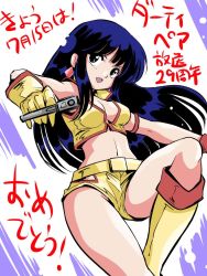 Rule 34 | 1girl, belt, black eyes, blue hair, boots, breasts, cleavage, crop top, dirty pair, earrings, gloves, gun, jewelry, knee boots, leg lift, long hair, midriff, navel, open mouth, outstretched arms, retro artstyle, short shorts, shorts, smile, solo, tsukaji shun, weapon, yellow footwear, yuri (dirty pair)