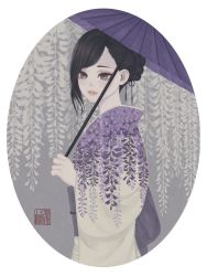 Rule 34 | 1girl, black hair, border, braid, braided bun, brown eyes, floral print, flower, hair bun, highres, holding, holding umbrella, japanese clothes, kimono, long bangs, long sleeves, looking at viewer, looking to the side, obi, obijime, oil-paper umbrella, original, oval, oval background, parted lips, print kimono, purple flower, purple sash, purple umbrella, round image, sash, seal impression, short hair, solo, standing, swept bangs, umbrella, upper body, ushiyama ame, white border, white kimono, wide sleeves, wisteria