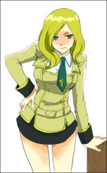 Rule 34 | 00s, 1girl, arm support, bare legs, black skirt, blue eyes, breasts, closed mouth, code geass, cowboy shot, expressionless, hand on own hip, large breasts, leaning forward, long sleeves, looking at viewer, milly ashford, miniskirt, school uniform, shaded face, simple background, skirt, solo, uniform, white background