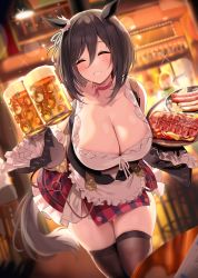 Rule 34 | 1girl, absurdres, alcohol, animal ears, apron, bare shoulders, beer, black hair, blouse, blue gk, blurry, blurry background, blush, bob cut, bow, breasts, brown thighhighs, choker, cleavage, closed eyes, collarbone, commentary, cowboy shot, detached sleeves, dutch angle, ear ribbon, eishin flash (umamusume), food, frilled apron, frilled sleeves, frills, grin, hair between eyes, highres, holding, horse ears, horse girl, horse tail, hot dog, huge breasts, indoors, looking at viewer, miniskirt, red choker, scrunchie, shirt, short hair, skindentation, skirt, smile, solo, tail, teeth, thighhighs, umamusume, waist apron, white scrunchie