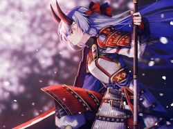 Rule 34 | 1girl, armor, blurry, closed mouth, day, depth of field, fate/grand order, fate (series), floating hair, from side, hachimaki, hakusai (tiahszld), headband, holding, holding sword, holding weapon, horns, japanese armor, japanese clothes, katana, kneeling, kusazuri, long hair, long sleeves, on one knee, outdoors, petals, profile, red eyes, shoulder armor, sidelocks, silver hair, sode, solo, sword, tomoe gozen (fate), unsheathed, very long hair, weapon