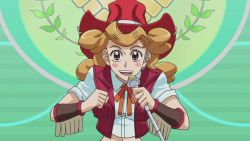 Rule 34 | 1girl, breasts, cowboy hat, female focus, hat, large breasts, light brown hair, melissa claire, microphone, screencap, smile, talking, yu-gi-oh!, yu-gi-oh! arc-v