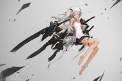 Rule 34 | 1girl, anklet, bare shoulders, barefoot, flat chest, full body, headgear, heavily armed high school girls, jewelry, legs, long hair, looking at viewer, md5 mismatch, mecha, miniskirt, neco, null (heavily armed high school girls), original, pleated skirt, resolution mismatch, revision, robot, skirt, sleeveless, solo, source larger, white hair