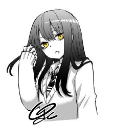 Rule 34 | 1girl, adjusting hair, commentary request, greyscale, highres, izumi (toubun kata), long hair, looking at viewer, mieruko-chan, monochrome, necktie, open mouth, school uniform, signature, simple background, solo, spot color, upper body, white background, yellow eyes, yotsuya miko