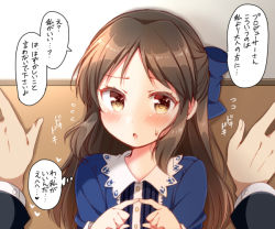 Rule 34 | 10s, 1girl, blush, bow, brown eyes, brown hair, check translation, chestnut mouth, fidgeting, fingers together, flying sweatdrops, hair bow, half updo, idolmaster, idolmaster cinderella girls, index fingers together, long hair, open mouth, pov, solo focus, tachibana arisu, translation request, tsukudani norio, kabedon