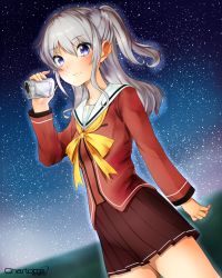 Rule 34 | 10s, 1girl, bad id, bad pixiv id, blue eyes, camcorder, charlotte (anime), gradient background, highres, long hair, nezumi doshi, school uniform, serafuku, silver hair, solo, standing, tomori nao, twintails, two side up, video camera