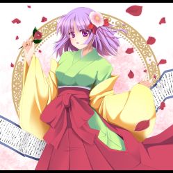 Rule 34 | 1girl, bow, breasts, female focus, flower, fule, gradient background, hair flower, hair ornament, hieda no akyuu, highres, japanese clothes, kimono, large breasts, letterboxed, open mouth, petals, purple eyes, purple hair, short hair, solo, touhou, white background