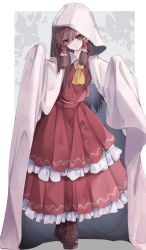 Rule 34 | 1girl, absurdres, boots, border, brown footwear, brown hair, cloak, dress, expressionless, frilled dress, frills, hair between eyes, hair tubes, hakurei reimu, hand under clothes, hands up, highres, hood, hood up, hooded cloak, japanese clothes, kimono, long hair, outside border, red eyes, shoes, sidelocks, solo, standing, touhou, tsune (tune), uchikake, white border, yellow neckwear