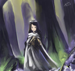 Rule 34 | 1girl, armor, bad id, bad pixiv id, black eyes, black hair, cape, dress, female focus, flower, forest, gua, highres, long hair, nature, original, outdoors, purple theme, signature, solo, standing, tree