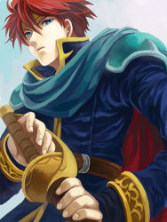 Rule 34 | 1boy, blouse, blue eyes, blue shirt, cape, eliwood (fire emblem), fighting stance, fire emblem, fire emblem: the blazing blade, from below, frown, kaito (sawayakasawaday), male focus, nintendo, ready to draw, red hair, sheath, sheathed, shirt, short hair, solo, sword, weapon