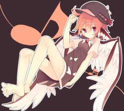 Rule 34 | 1girl, akimaki yuu, alternate headwear, animal ears, barefoot, beamed semiquavers, bird wings, black background, blush, blush stickers, bow, bowtie, brown dress, commentary request, dress, dutch angle, feet, flat cap, full body, grin, hat, looking at viewer, musical note, mystia lorelei, orange hair, outline, pink hair, quaver, red eyes, short dress, short hair, short sleeves, smile, solo, touhou, wings