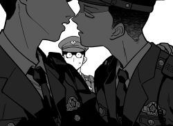 Rule 34 | 3boys, absurdres, black jacket, black necktie, close-up, collared shirt, from side, greyscale, hat, highres, implied kiss, jacket, kamenreon1213, leaning forward, looking at another, male focus, monochrome, multiple boys, necktie, original, parted lips, police, police hat, police uniform, shirt, short hair, surprised, sweatdrop, uniform, white shirt, wide-eyed, yaoi