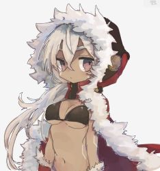 Rule 34 | 1girl, azur lane, bikini, bikini under clothes, black bikini, bodypaint, breasts, brown eyes, cape, closed mouth, commentary, crossed bangs, dark-skinned female, dark skin, expressionless, fur-trimmed cape, fur-trimmed gloves, fur trim, gloves, hair between eyes, hood, hood up, hooded cape, long hair, looking at viewer, medium breasts, midriff, minneapolis (azur lane), minneapolis (holy night ride) (azur lane), navel, red cape, red gloves, simple background, solo, swimsuit, touka 13, upper body, very long hair, white background, white hair