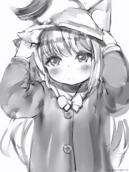 Rule 34 | 1girl, animal ears, azur lane, bad id, bad pixiv id, blush, bow, bowtie, buttons, cat ears, character request, check character, closed mouth, ears through headwear, greyscale, hand on another&#039;s head, hands up, hat, head pat, headpat, highres, kindergarten uniform, kisaragi (azur lane), long sleeves, looking at viewer, monochrome, nanashi (nlo), sailor collar, school hat, simple background, smile, solo focus, translation request, upper body, white background