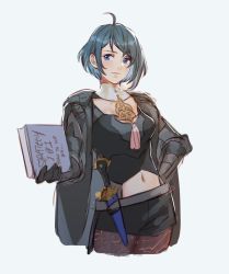 Rule 34 | 1girl, ahoge, alternate hair length, alternate hairstyle, armor, blue eyes, blue hair, book, breasts, brown pantyhose, byleth (female) (fire emblem), byleth (fire emblem), cape, fire emblem, fire emblem: three houses, gloves, hair ornament, krazehkai, looking at viewer, nintendo, pantyhose, pantyhose under shorts, short hair, shorts, simple background, smile, solo, upper body, white background