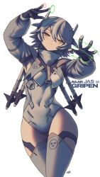 Rule 34 | 1girl, absurdres, coat of arms, commentary, covered navel, english commentary, frown, gloves, grey hair, half-closed eyes, headgear, highres, hologram, leotard, looking at viewer, missile, orange eyes, original, personification, saab gripen, short hair, signature, solo, thighhighs, tre kronor, white background, zhvo