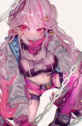Rule 34 | 1girl, asymmetrical legwear, black collar, black sports bra, blush, breasts, chain, cleavage, collar, facial tattoo, gloves, goddess of victory: nikke, gradient hair, grey hair, hair ornament, hair ribbon, hairclip, heart, heart tattoo, highres, jackal (nikke), jacket, large breasts, long hair, looking at viewer, low twintails, migino, mismatched legwear, multicolored belt, multicolored hair, open mouth, pink eyes, pink gloves, pink hair, pink shorts, pink theme, pink thighhighs, ribbon, sharp teeth, shoes, short shorts, shorts, side ponytail, sidelocks, simple background, single thighhigh, sneakers, solo, spiked collar, spikes, sports bra, stomach tattoo, streaked hair, tattoo, teeth, thighhighs, tongue, tongue out, twintails, two-sided fabric, two-sided jacket, white background, white jacket