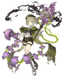 Rule 34 | 1boy, ahoge, bare shoulders, belt, black gloves, capelet, chain, full body, gloves, green eyes, green hair, half gloves, hat, holding, holding staff, ji no, long nose, looking at viewer, male focus, navel, official art, pinocchio (sinoalice), platform footwear, shoes, shorts, sinoalice, sneakers, solo, staff, tongue, tongue out, transparent background