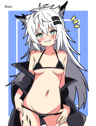 1girl absurdres animal_ear_fluff animal_ears arknights artist_name bare_shoulders bikini black_bikini black_coat blue_background blush border breasts bright_pupils coat collarbone cowboy_shot green_eyes grin groin hair_between_eyes hair_ornament hairclip hendra highres lappland_(arknights) long_hair long_sleeves looking_at_viewer lowleg lowleg_bikini material_growth medium_breasts messy_hair micro_bikini navel notice_lines off_shoulder open_clothes open_coat oripathy_lesion_(arknights) outside_border parted_lips scar scar_across_eye signature smile solo stomach swimsuit teeth underboob white_border white_hair white_pupils wide_sleeves wolf_ears wolf_girl