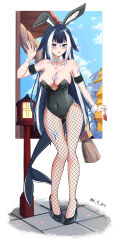 Rule 34 | 1girl, absurdres, animal ears, black footwear, black hair, black leotard, blue nails, blush, body markings, breasts, cetacean tail, chinese zodiac, cleavage, collar, commentary, covered navel, detached collar, english commentary, fake animal ears, fins, fish tail, fishnet pantyhose, fishnets, high heels, highres, indie virtual youtuber, k 9, large breasts, leotard, long hair, looking at viewer, multicolored hair, nail polish, navel, new year, open mouth, orca girl, pantyhose, playboy bunny, purple eyes, shylily, strapless, strapless leotard, streaked hair, tail, virtual youtuber, waving, white collar, white hair, white wrist cuffs, wrist cuffs, year of the rabbit