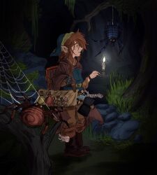 Rule 34 | 1boy, brown hair, bug, candle, cape, elf, forest, gloves, hammer, hat, highres, link, nature, night, night sky, nintendo, pointy ears, shield, sky, spider, sword, the legend of zelda, tree, tunic, weapon, web, zelda ii: the adventure of link