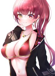 Rule 34 | 1girl, absurdres, bikini, blush, breasts, cleavage, earrings, heart, heart earrings, heart necklace, heterochromia, highres, hololive, houshou marine, houshou marine (summer), jacket, jewelry, large breasts, namagome negi, navel, necklace, open clothes, open jacket, red hair, smile, swimsuit, virtual youtuber