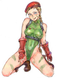 Rule 34 | 1girl, ahoge, antenna hair, beret, blonde hair, blue eyes, boots, braid, breasts, cammy white, capcom, gloves, hat, large breasts, leotard, lips, marmelo, single braid, solo, street fighter