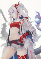 Rule 34 | 1girl, :p, arknights, bandeau, bead bracelet, beads, belt, black belt, bracelet, braid, breasts, coat, commentary, cowboy shot, grey background, half updo, highres, horns, jewelry, long hair, long sleeves, looking at viewer, midriff, multicolored hair, navel, nian (arknights), open clothes, open coat, purple eyes, red hair, short shorts, shorts, sidelocks, silver hair, simple background, single braid, small breasts, solo, standing, stomach, strapless, streaked hair, thighs, tongue, tongue out, tube top, white coat, white shorts, wide sleeves, yunar