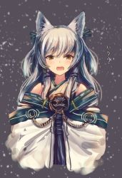 Rule 34 | 1girl, animal ears, bare shoulders, blush, brown eyes, commentary, detached sleeves, fox ears, grey background, grey hair, inabi, japanese clothes, kimono, long hair, long sleeves, off shoulder, open mouth, original, snowing, solo, upper body