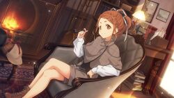 Rule 34 | 1girl, 22/7, 22/7 ongaku no jikan, book, boots, bow, braid, brown capelet, brown eyes, brown footwear, brown hair, brown shorts, capelet, carpet, coat, crossed legs, deerstalker, desk, detective, dutch angle, fireplace, game cg, hair bow, hair ribbon, hat, high ponytail, highres, holding, holding smoking pipe, indoors, kono miyako, lens flare, long sleeves, looking at viewer, magnifying glass, non-web source, official art, on chair, parted lips, red curtains, ribbon, shirt, shorts, sitting, smile, smoking pipe, solo, sparkle, trench coat, unworn hat, unworn headwear, white shirt, window, wooden floor