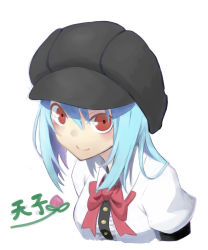 Rule 34 | 1girl, alternate headwear, blue hair, bow, cabbie hat, character name, hat, highres, hinanawi tenshi, looking at viewer, red eyes, route1911, simple background, smile, solo, touhou, upper body, white background