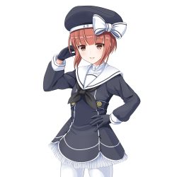 Rule 34 | 1girl, arm up, black gloves, blush, bow, brown eyes, brown hair, clothes writing, commentary request, dress, gloves, hand on own hip, hat, hat bow, kantai collection, long sleeves, looking at viewer, pantyhose, parted lips, sailor collar, sailor dress, sailor hat, short hair, smile, solo, tk8d32, transparent background, white pantyhose, z3 max schultz (kancolle)
